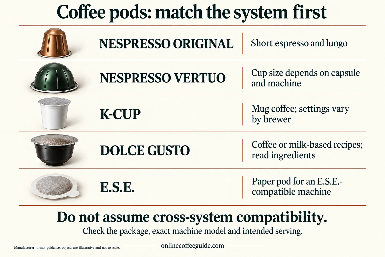 Five distinct coffee pod formats: Nespresso Original, Vertuo, K-Cup, Dolce Gusto and E.S.E. paper pods
