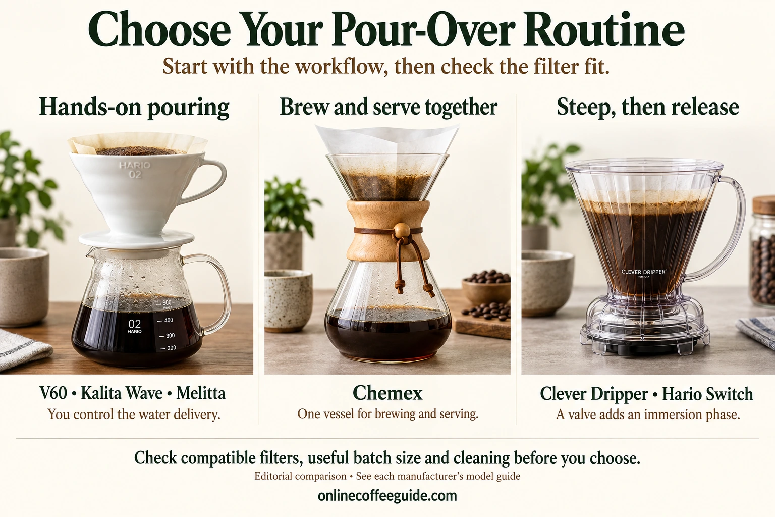 Pour-over workflow comparison: manually controlled pouring, Chemex brewing and serving, or steep-and-release with a valve