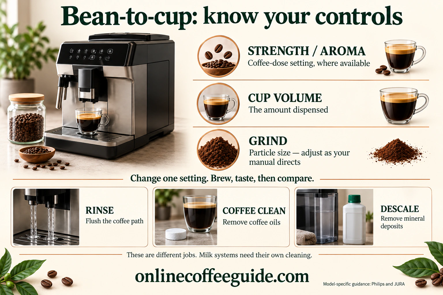 Bean-to-cup controls and the separate jobs of rinsing, coffee-oil cleaning and descaling