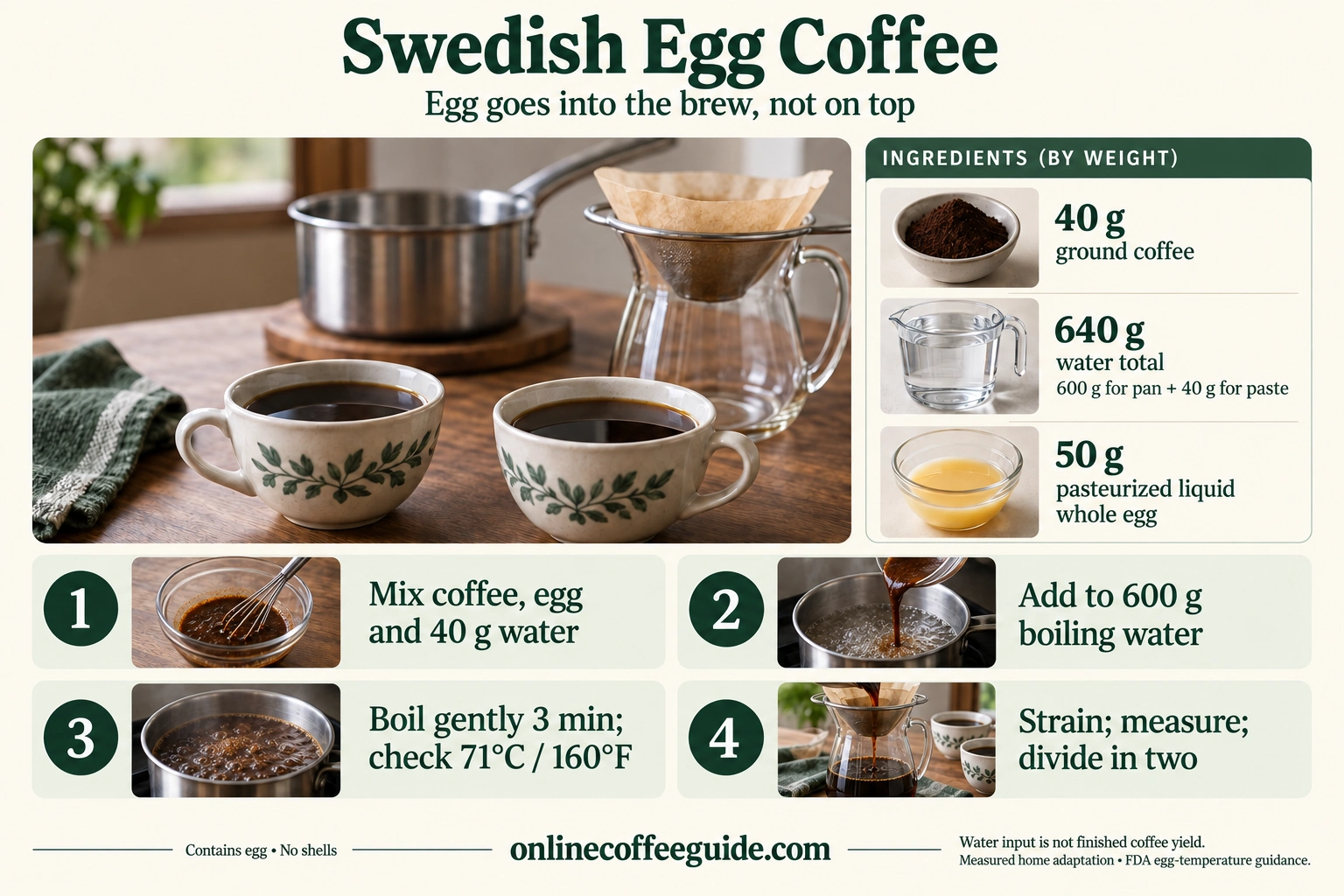 Shell-free Swedish egg coffee home method: 40 g ground coffee, 640 g water split into 600 g for the pan and 40 g for the paste, and 50 g pasteurized liquid whole egg; boil, strain and divide collected coffee in two