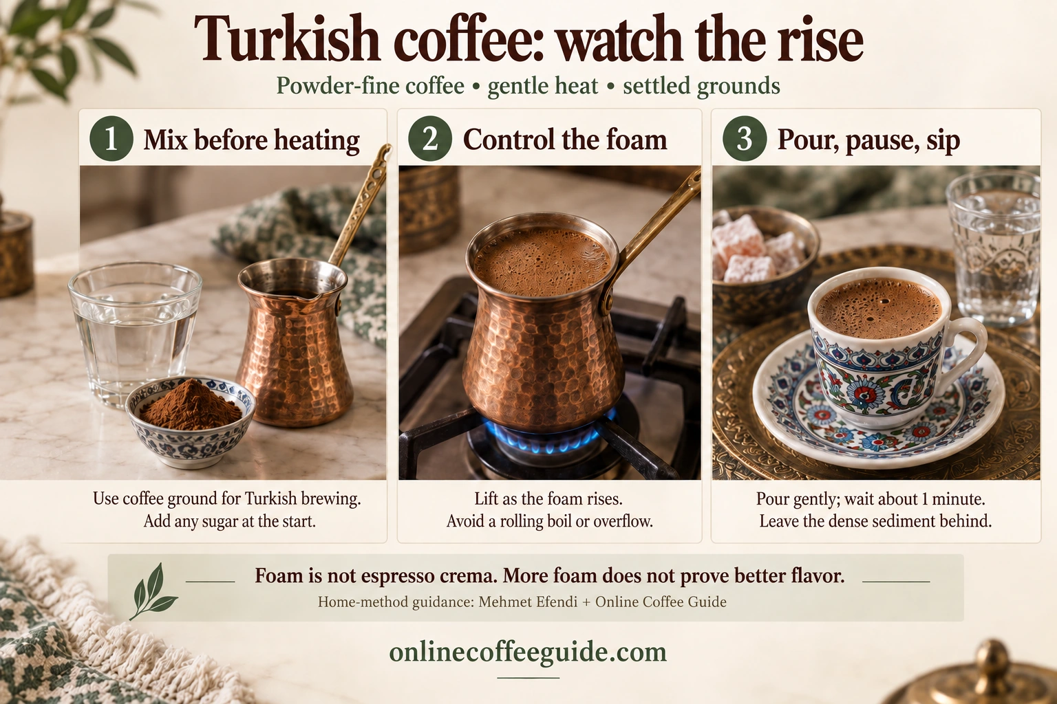 Three Turkish coffee brewing cues: mix before heating, lift the cezve as foam rises, and pause before sipping above the sediment