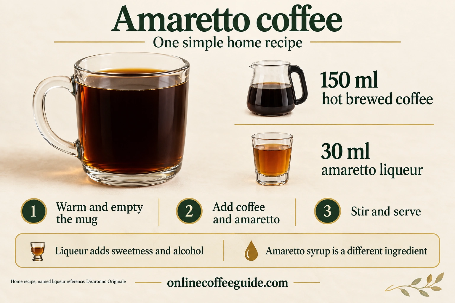 Amaretto coffee home recipe with 150 ml hot brewed coffee and 30 ml amaretto liqueur; warm the mug, add both ingredients and stir