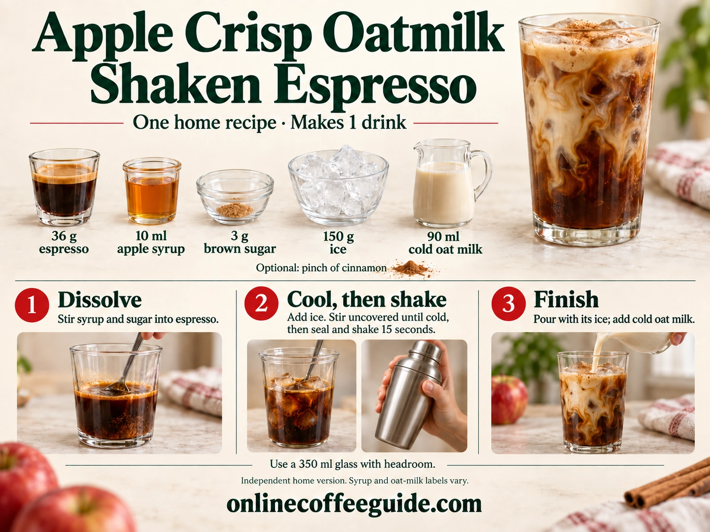 Apple crisp oatmilk shaken espresso recipe: 36 g espresso, 10 ml apple syrup, 3 g brown sugar, 150 g ice and 90 ml cold oat milk; cool before sealing and shaking