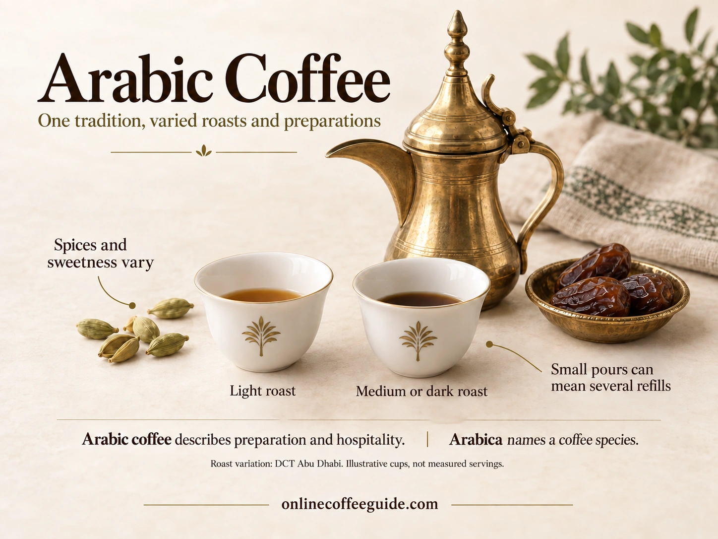 Arabic coffee with light and darker roasts, small repeated pours, a dallah, and the distinction between Arabic coffee and the Arabica species