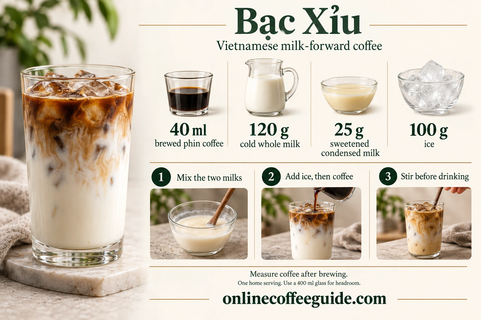 Iced bạc xỉu recipe using 40 ml brewed phin coffee, 120 g whole milk, 25 g condensed milk and 100 g ice; mix milks, add ice and coffee, then stir