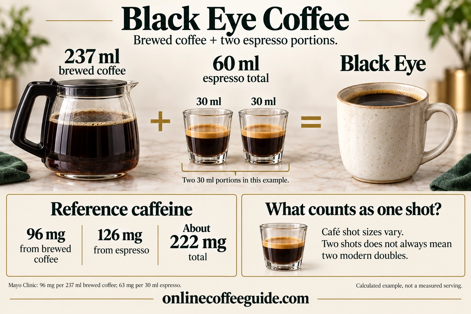 Black Eye example combining 237 ml brewed coffee and 60 ml espresso total, with a calculated caffeine reference of about 222 mg
