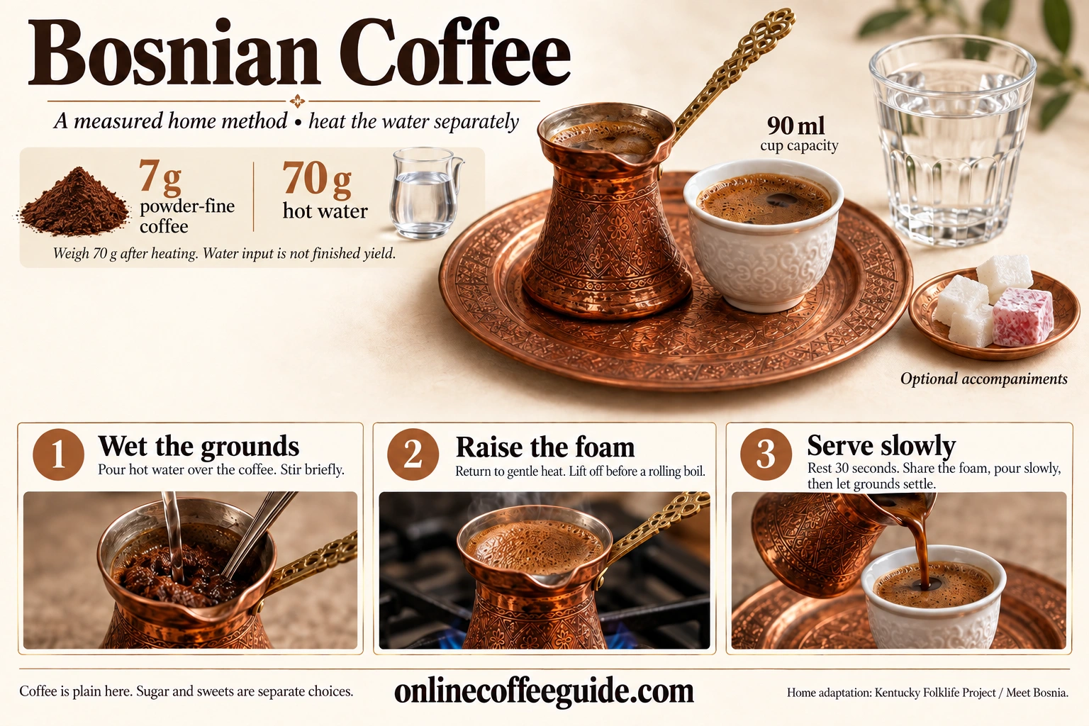 Bosnian coffee home recipe with 7 g powder-fine coffee and 70 g hot water, gentle reheating and slow pouring, with optional sugar and lokum alongside