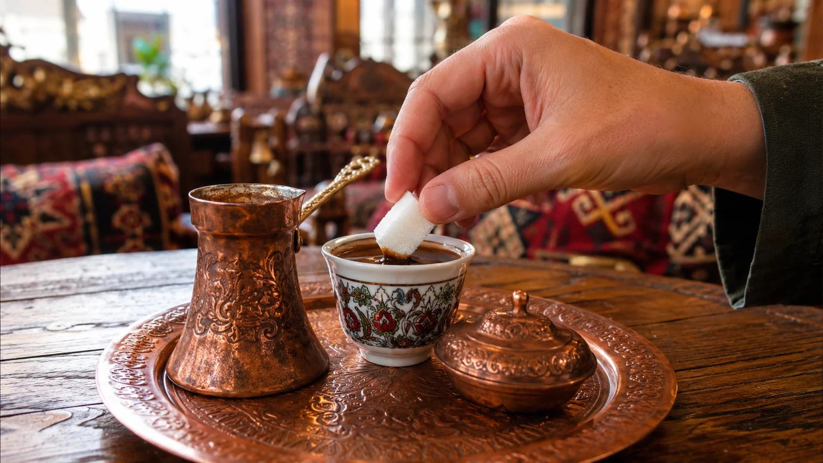 A sugar cube dipped briefly into Bosnian coffee beside a copper džezva