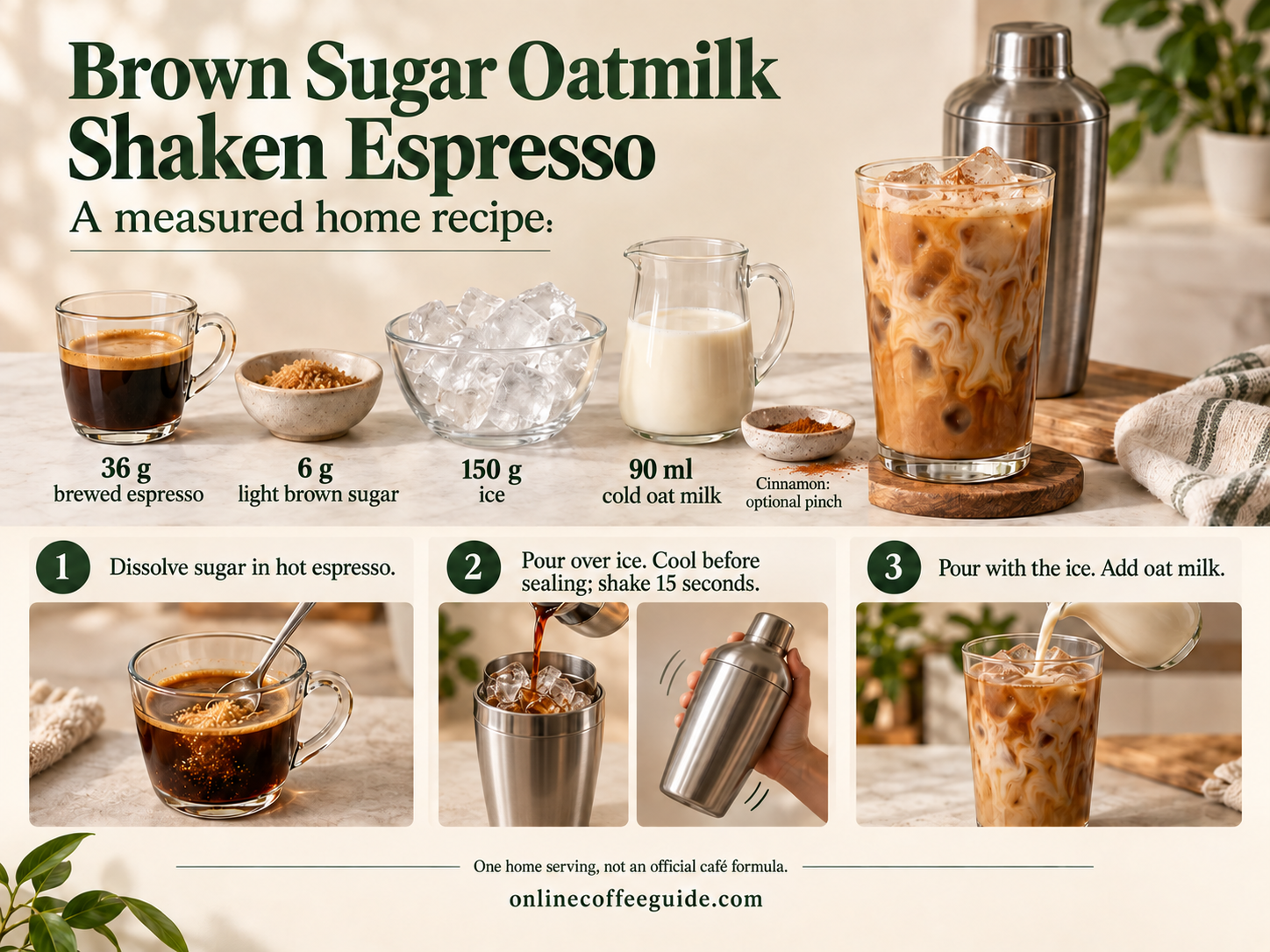 Brown sugar oatmilk shaken espresso home recipe: 36 g espresso, 6 g light brown sugar, 150 g ice, 90 ml oat milk and optional cinnamon