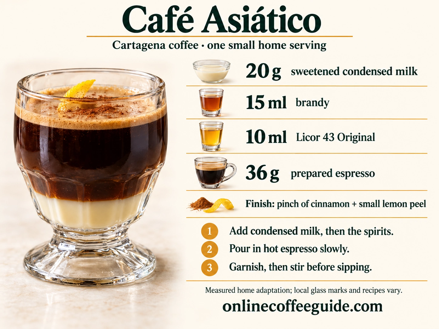 Café Asiático home recipe with 20 g condensed milk, 15 ml brandy, 10 ml Licor 43 Original and 36 g prepared espresso, finished with cinnamon and lemon peel