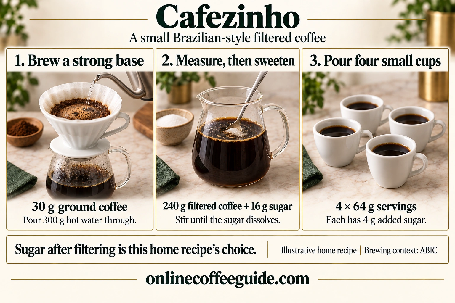 Cafezinho home method: brew 30 g coffee with 300 g water, measure 240 g filtered coffee and stir in 16 g sugar, then divide into four 64 g servings
