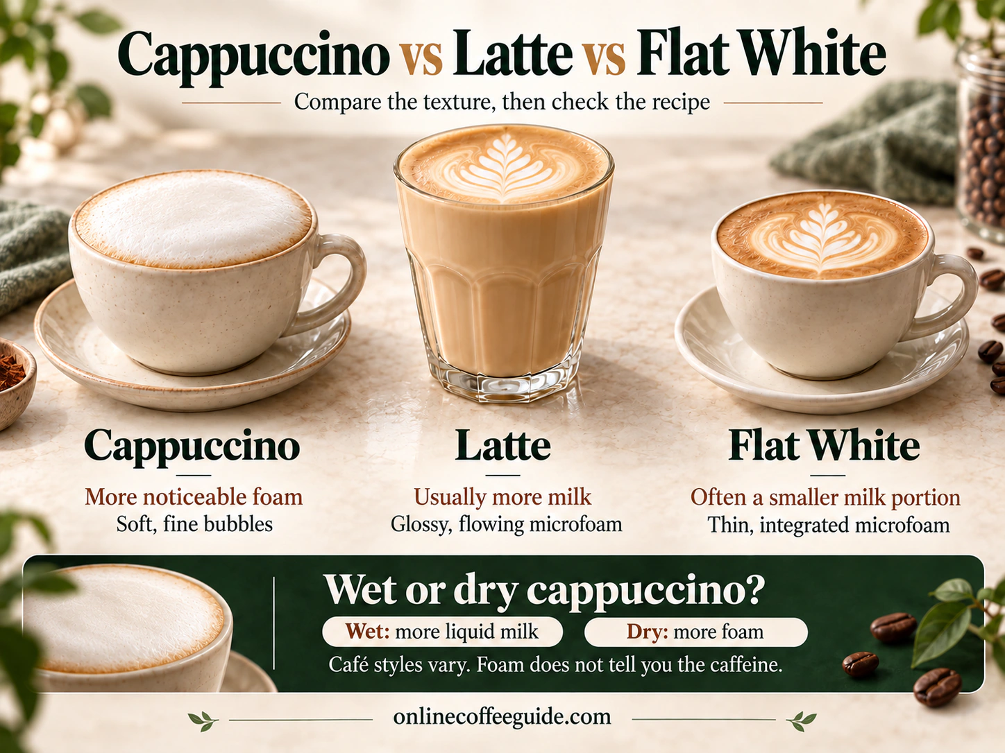 Cappuccino, latte and flat white compared by milk and foam, with wet versus dry cappuccino explained