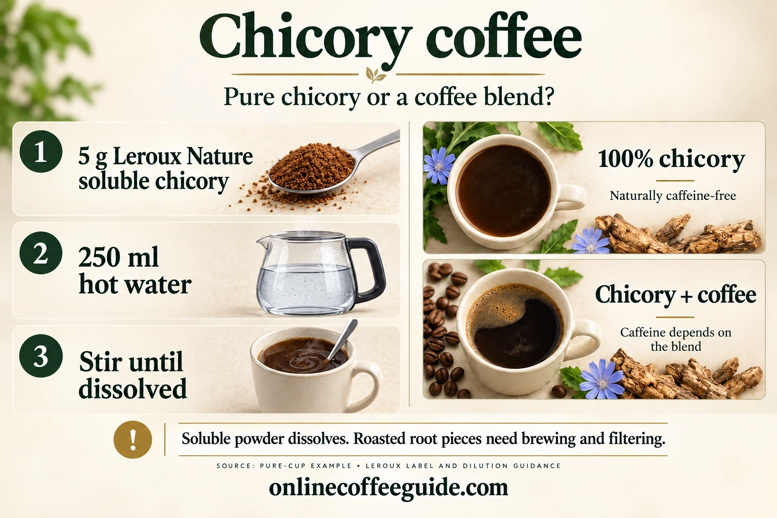 Pure instant chicory recipe with 5 g Leroux Nature and 250 ml hot water, comparing caffeine-free chicory with coffee-containing blends