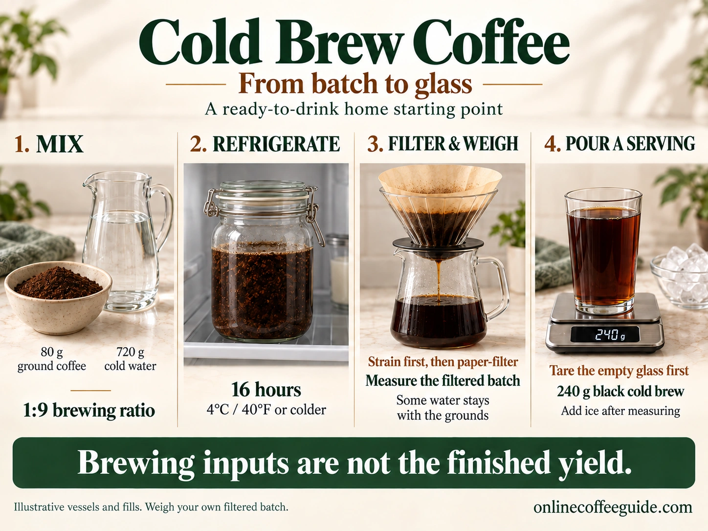 Cold brew workflow: 80 g ground coffee and 720 g water, 16 hours refrigerated, filter and weigh, then pour a 240 g black serving before adding ice