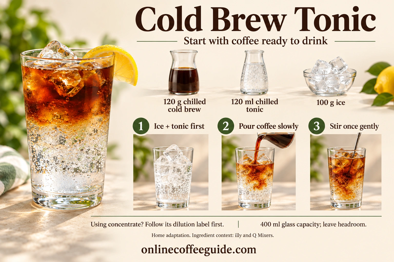 Cold brew tonic guide: 120 g ready-to-drink coffee, 120 ml tonic and 100 g ice; tonic first, coffee slowly, then one gentle stir