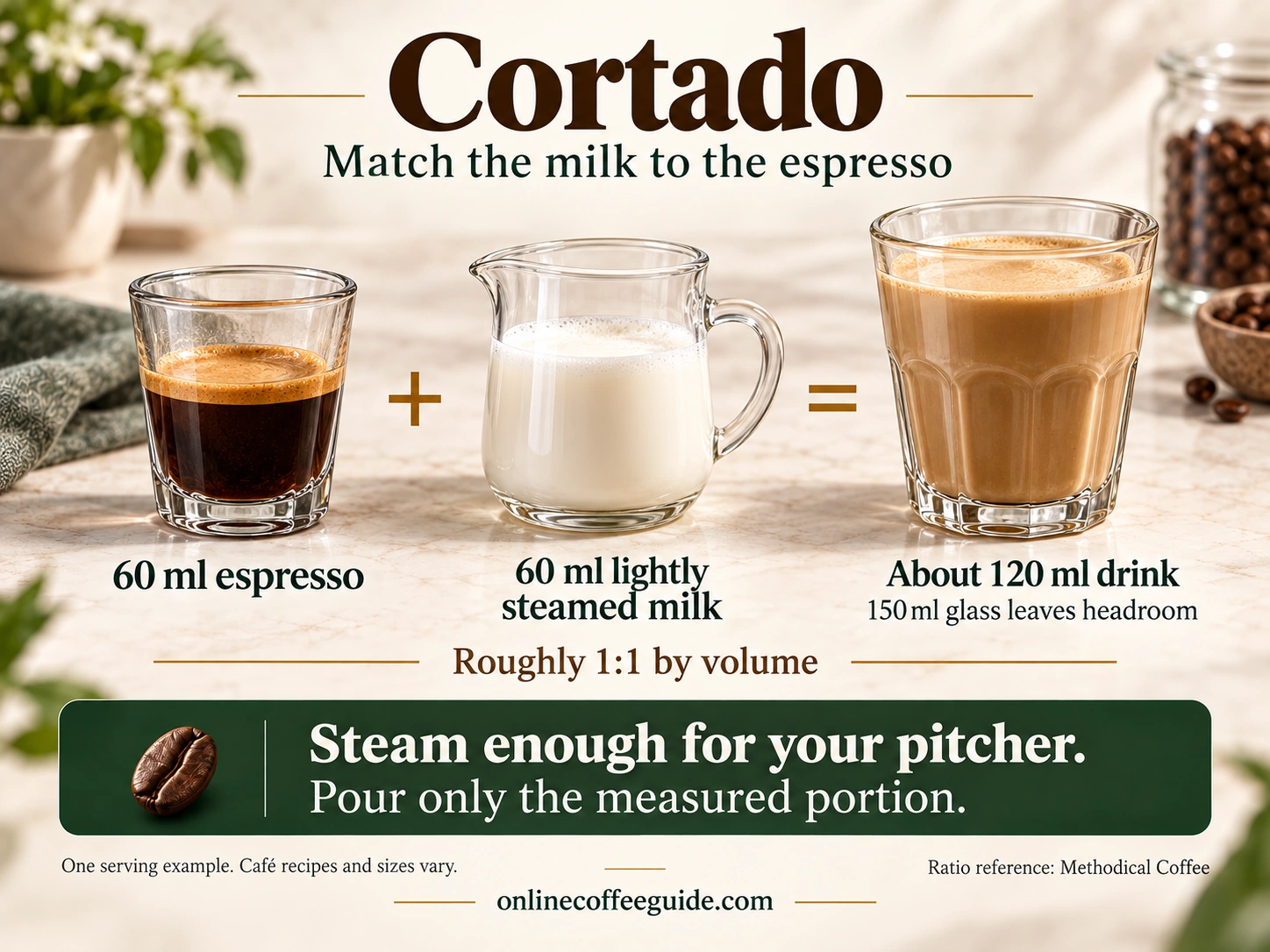 Cortado ratio example: 60 ml espresso plus 60 ml lightly steamed milk makes about 120 ml, leaving headroom in a 150 ml glass.