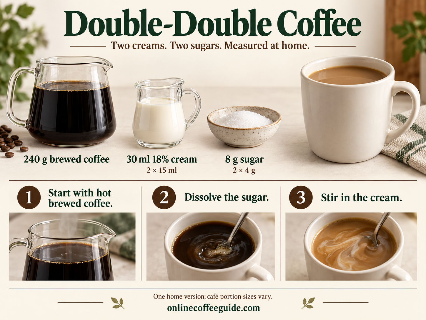 Double-double home recipe: 240 g brewed coffee, 30 ml 18% cream in two 15 ml portions, and 8 g sugar in two 4 g portions