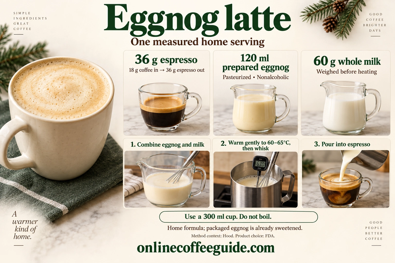Eggnog latte home recipe: 36 g espresso, 120 ml prepared pasteurized nonalcoholic eggnog and 60 g whole milk; warm the dairy mixture gently to 60–65°C