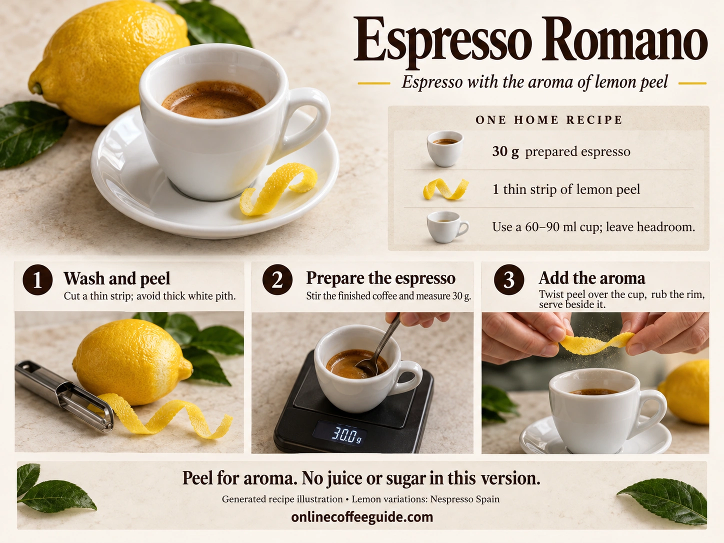Espresso Romano home recipe using 30 g prepared espresso and one thin lemon-peel strip, with washing, brewing and aroma steps