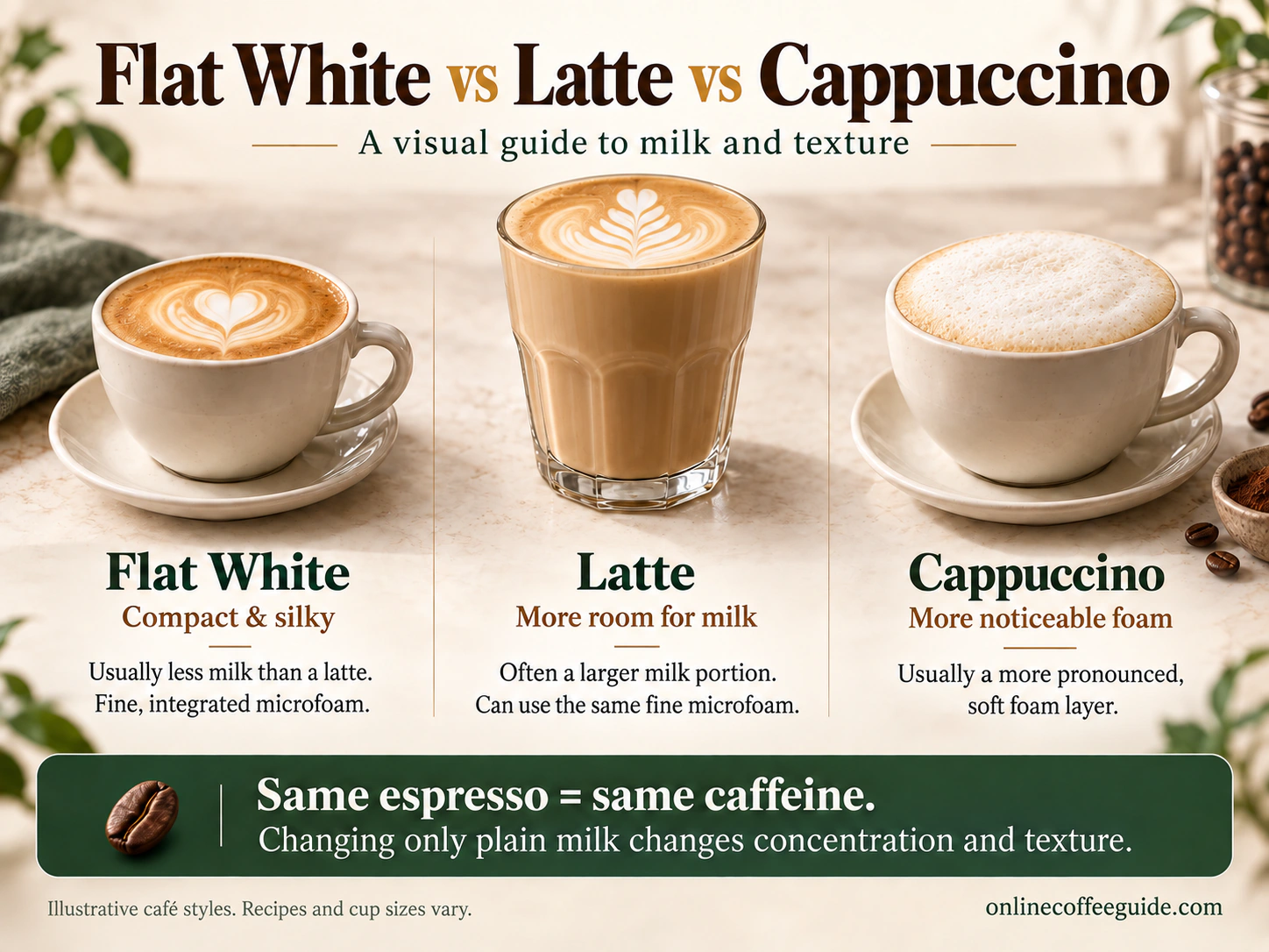 Flat white, latte and cappuccino infographic comparing milk portions and foam while keeping the espresso unchanged.