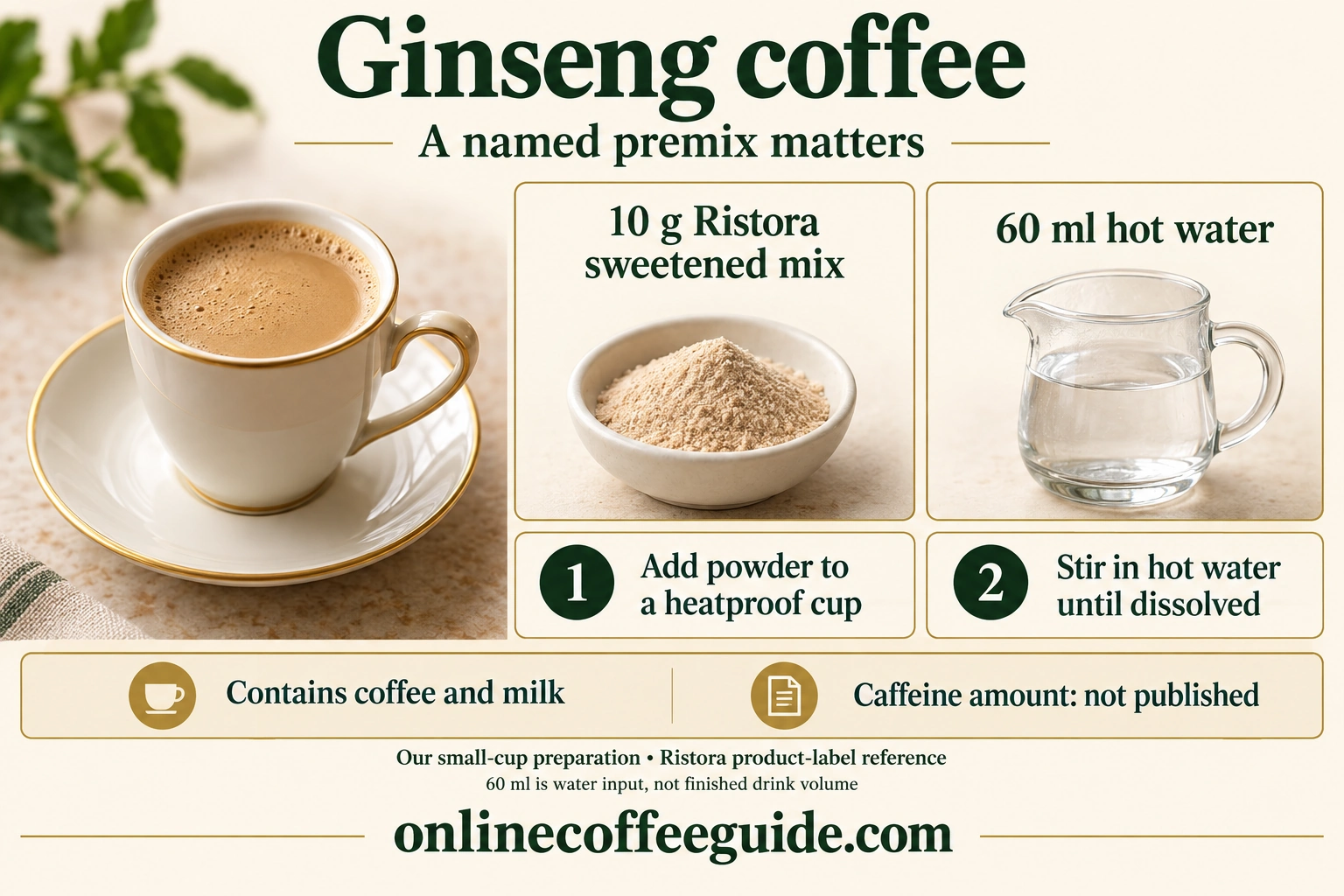 Small home ginseng coffee: 10 g Ristora sweetened mix and 60 ml hot water; contains coffee and milk, with caffeine amount unpublished