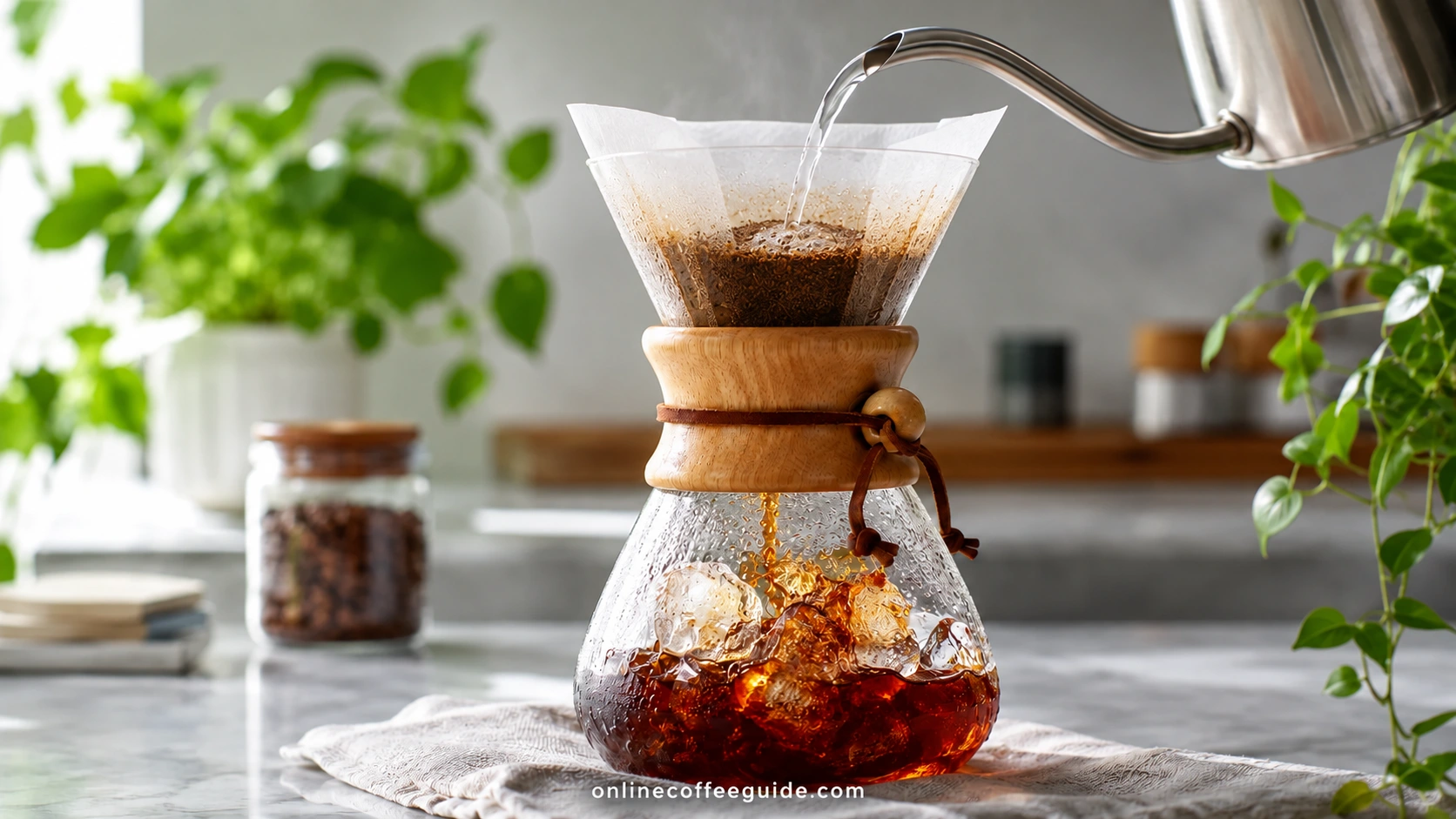 Clear hot water poured onto coffee grounds in a paper filter, with brown coffee dripping into ice below