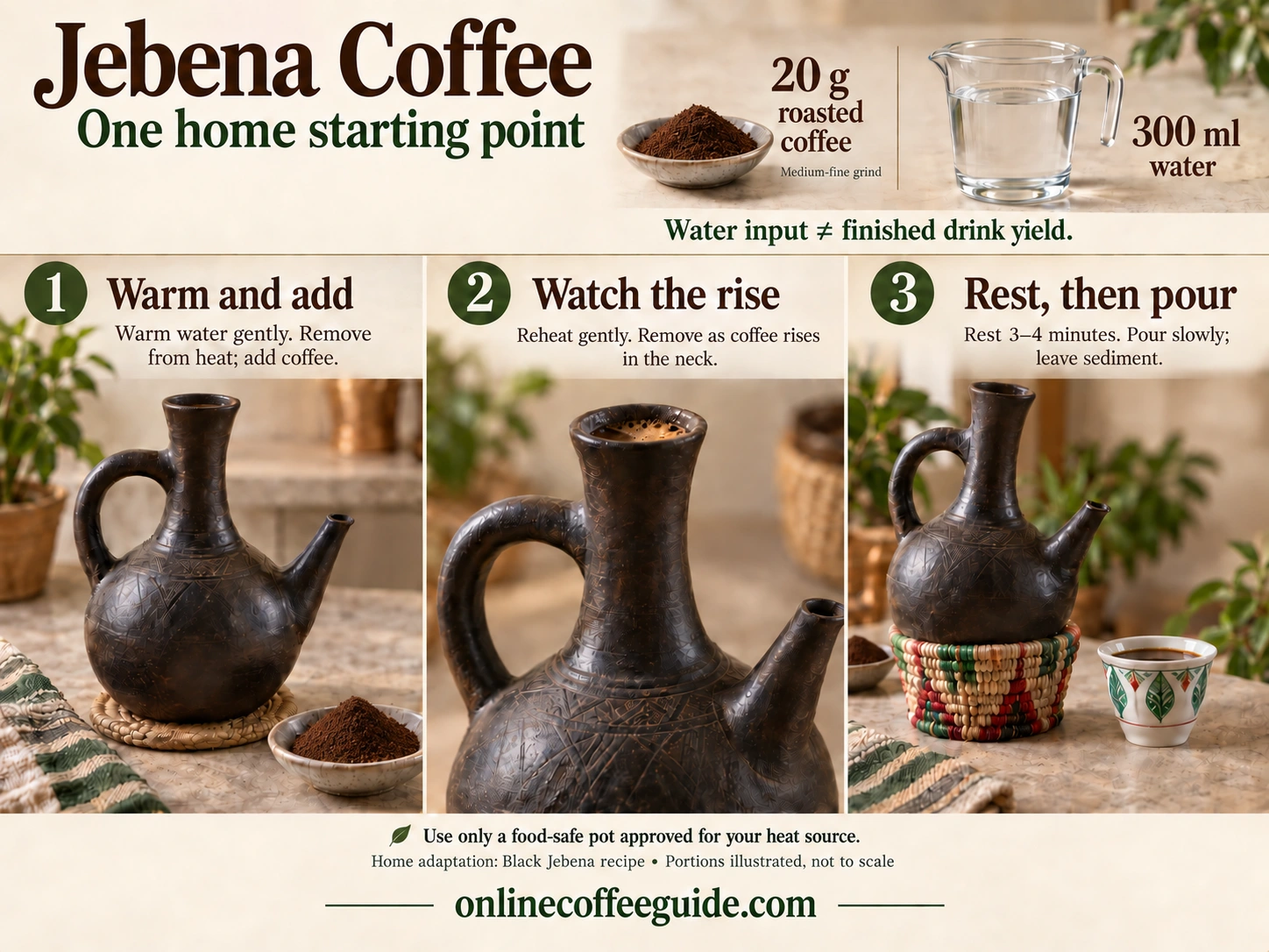 Jebena coffee home recipe with 20 g roasted coffee, 300 ml water, gentle heating, a 3–4 minute rest and a careful pour leaving sediment