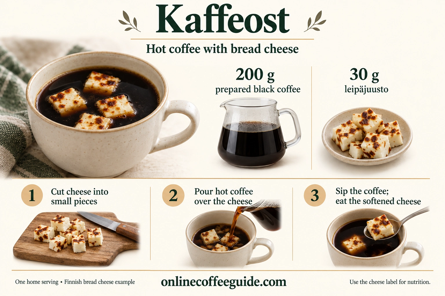 Kaffeost home serving with 200 g prepared black coffee and 30 g leipäjuusto: cut the cheese, pour coffee over it, then sip and eat the cheese