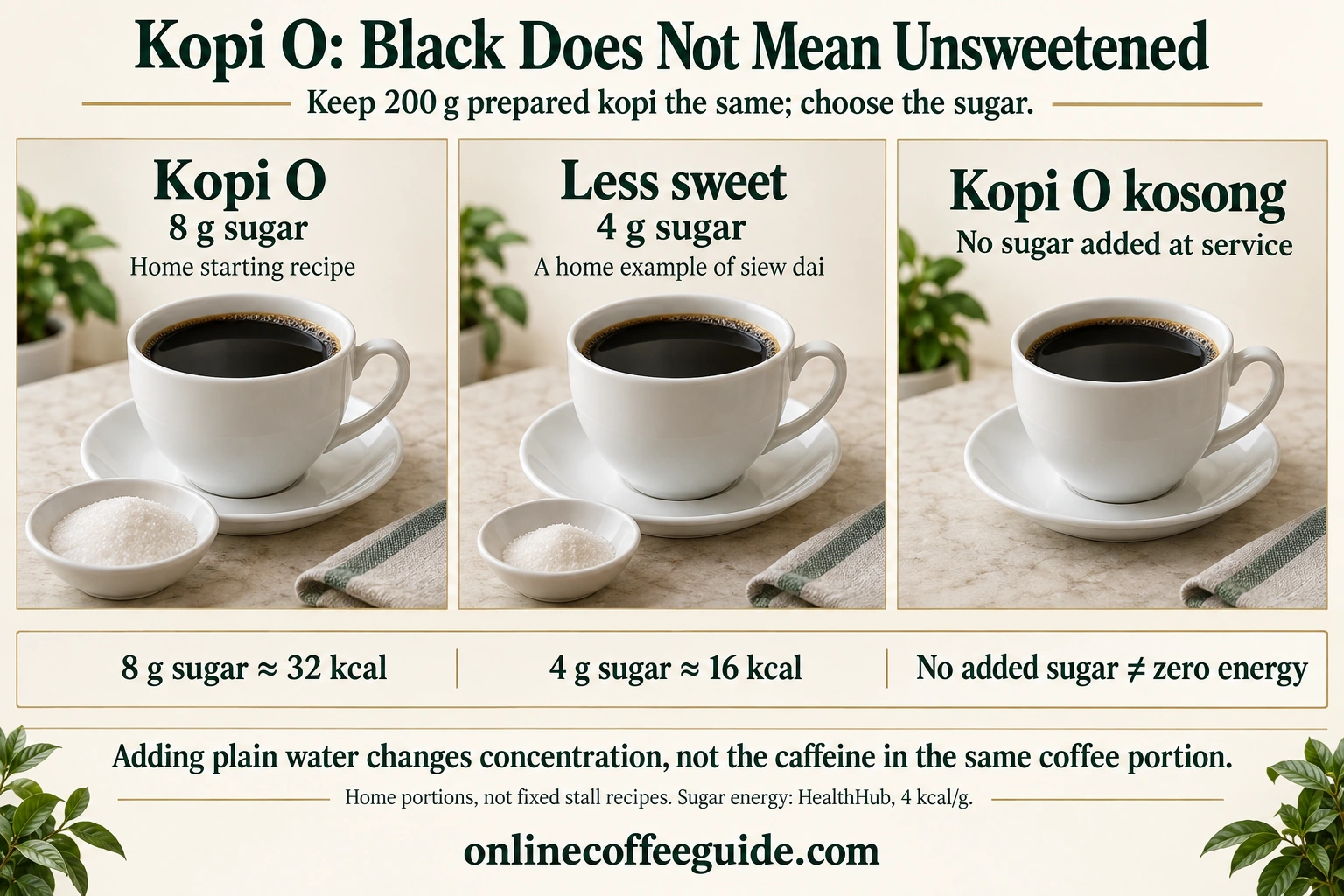 Three black kopi O home examples using the same 200 g coffee with 8 g, 4 g or no sugar added at service