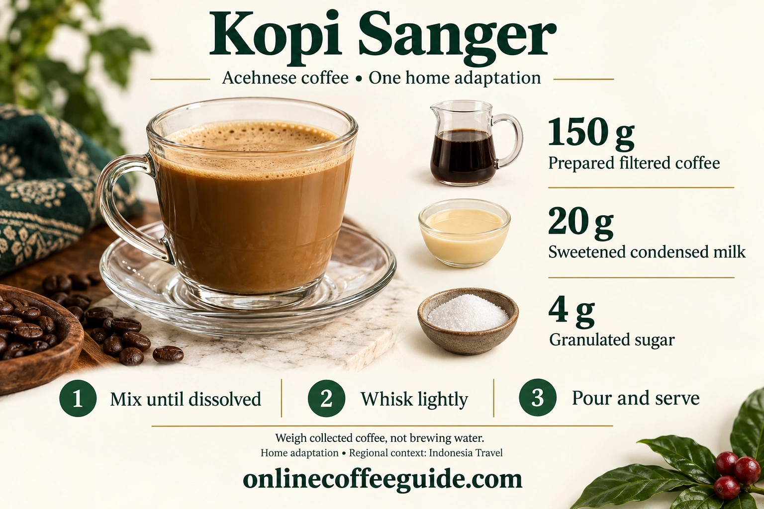 Home kopi sanger adaptation: 150 g prepared filtered coffee, 20 g sweetened condensed milk and 4 g sugar; mix, whisk lightly and serve