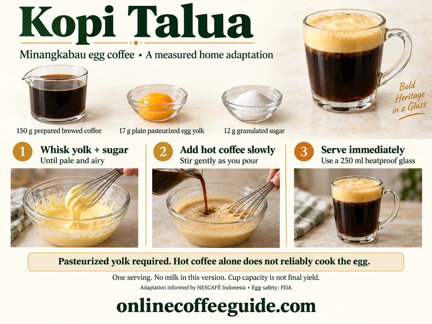 Kopi talua home recipe: 150 g prepared brewed coffee, 17 g pasteurized egg yolk and 12 g sugar; whisk the yolk and sugar, add coffee slowly and serve.