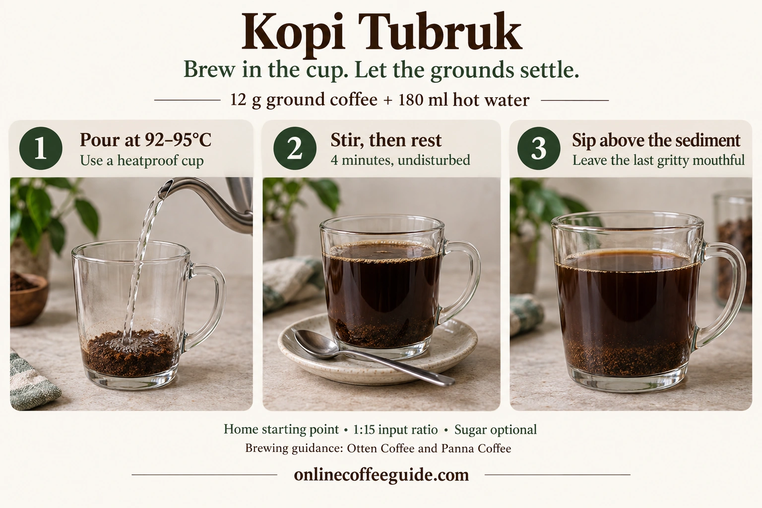 Kopi tubruk home method with 12 g ground coffee, 180 ml water at 92–95°C, a brief stir and a 4-minute rest before sipping above the sediment