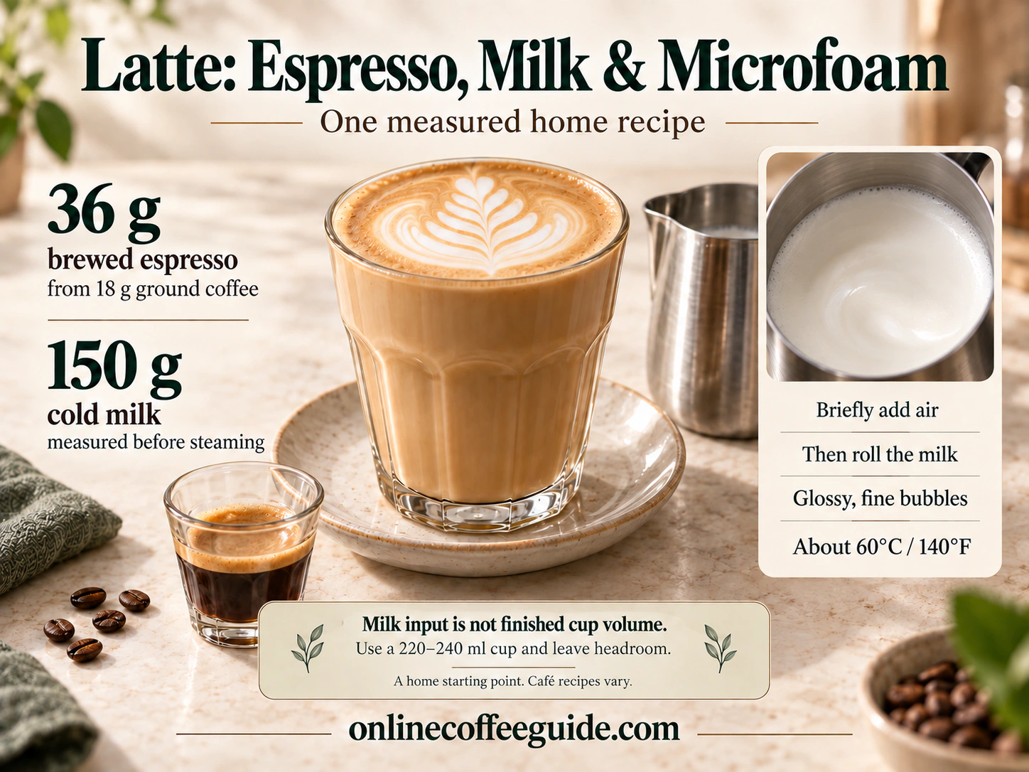 Latte guide showing 36 g brewed espresso, 150 g milk measured cold and fine microfoam in a pitcher