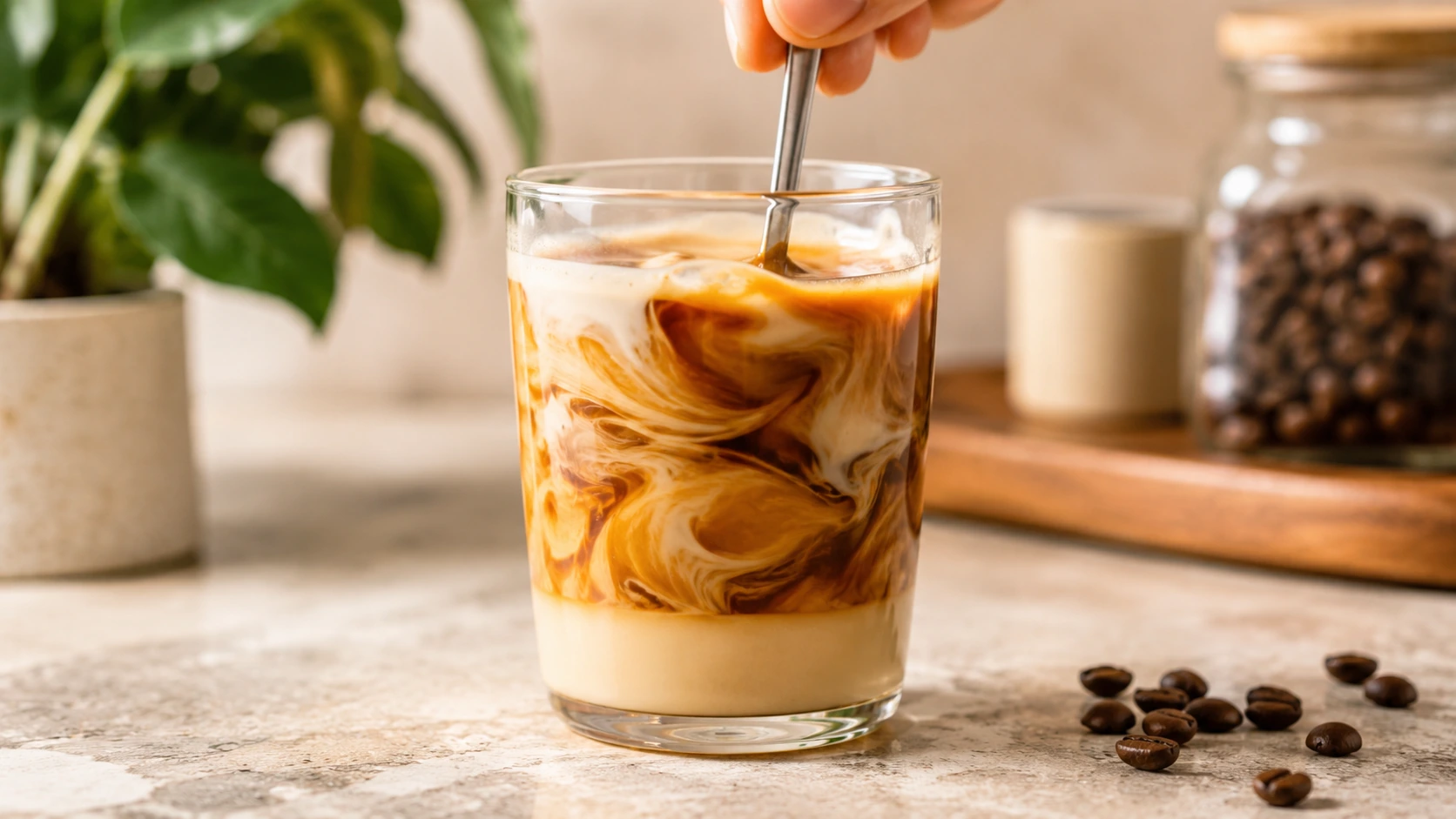 A spoon stirring condensed milk into leche y leche, creating pale swirls through the coffee