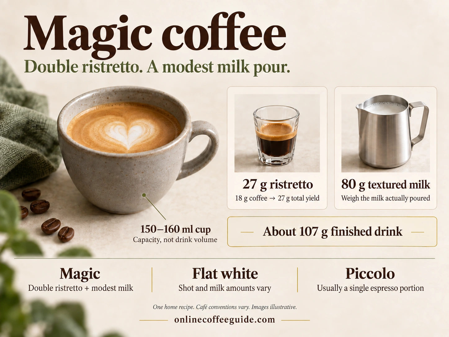 Magic coffee home recipe: 27 g double ristretto from 18 g grounds, 80 g textured milk and a 150–160 ml cup with headroom