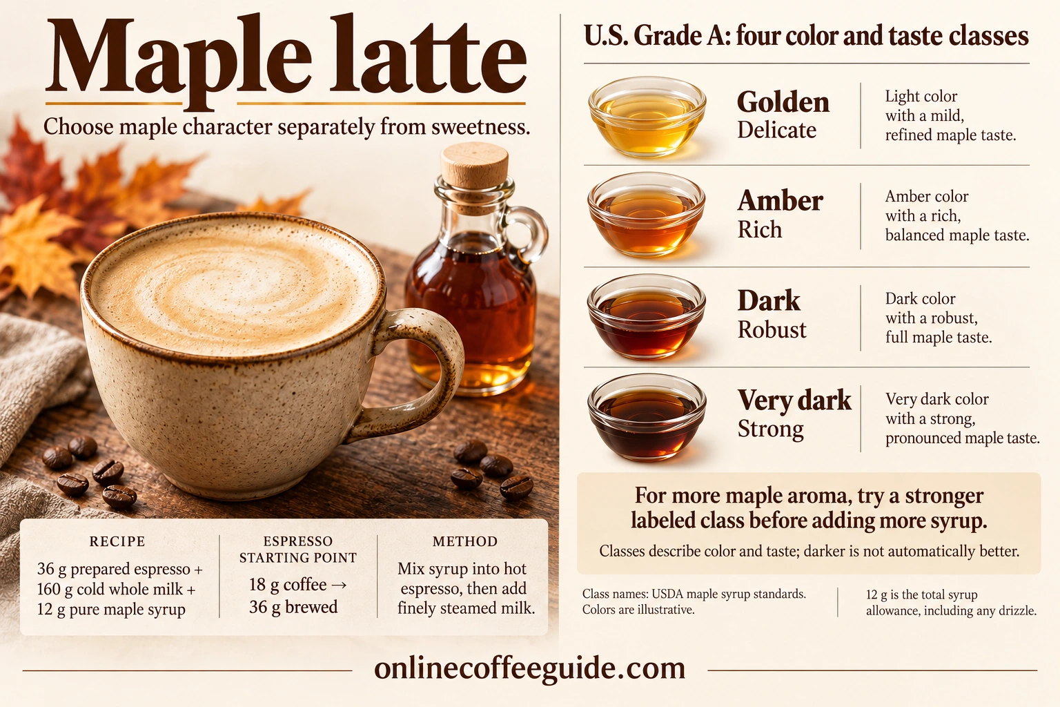 Maple latte recipe with 36 g espresso, 160 g cold milk and 12 g pure maple syrup alongside the four USDA Grade A color and taste classes