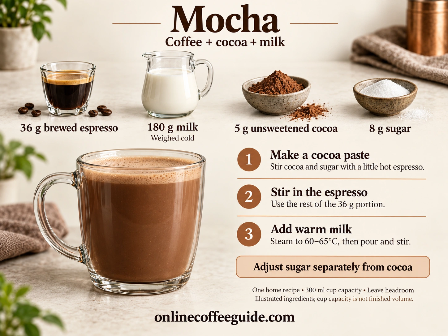Mocha recipe with 36 g espresso, 180 g cold milk, 5 g unsweetened cocoa and 8 g sugar, followed by mixing steps