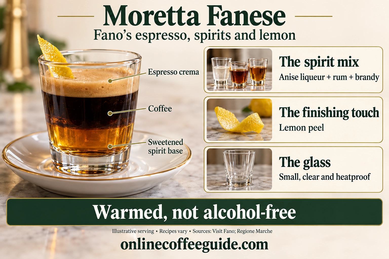 Moretta Fanese guide showing the anise, rum and brandy base, espresso, lemon peel and three-layer glass serving