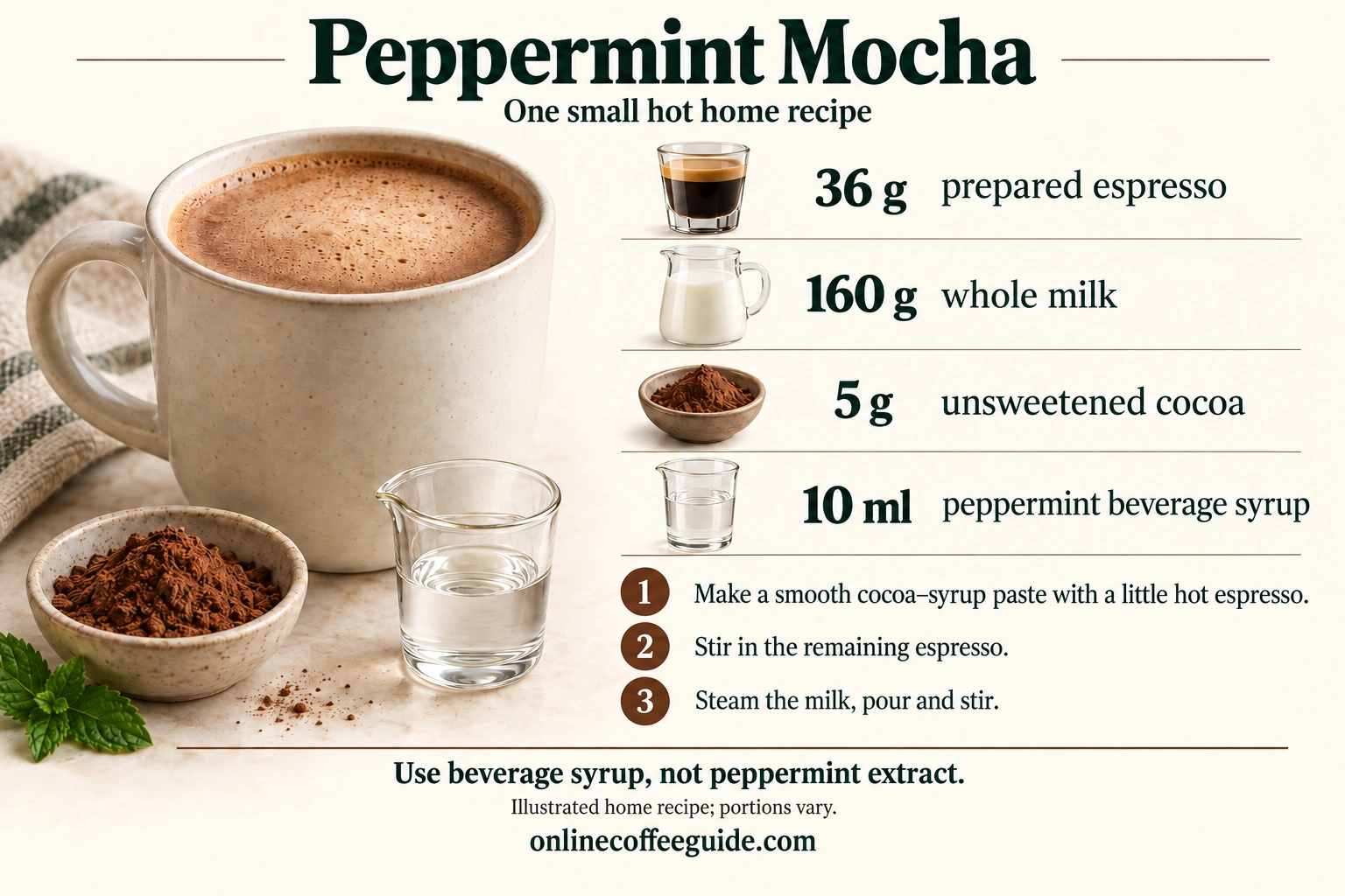 Peppermint mocha recipe: 36 g prepared espresso, 160 g whole milk, 5 g unsweetened cocoa and 10 ml peppermint beverage syrup, mixed as a paste before milk is added