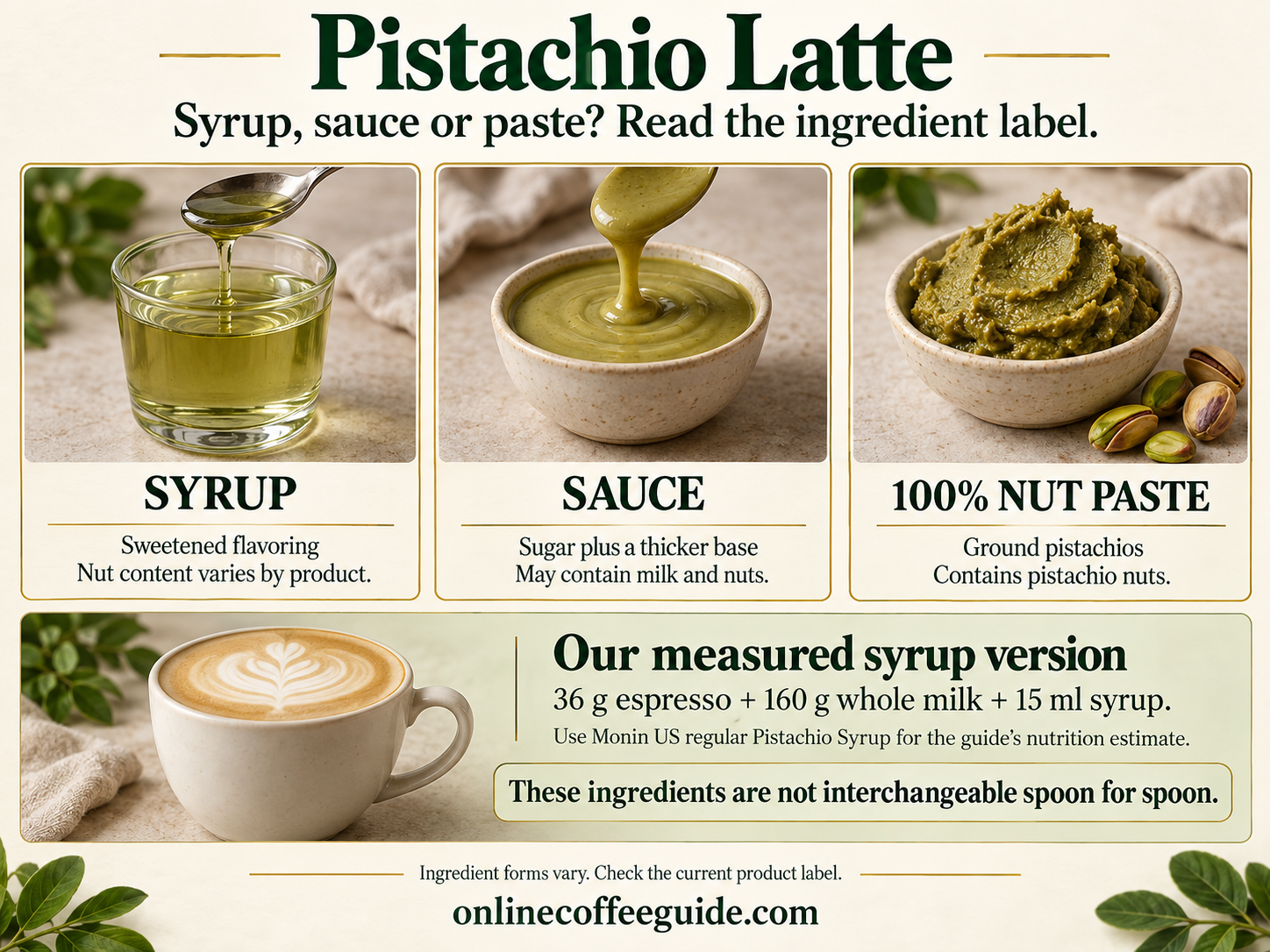 Pistachio syrup, sweetened sauce and 100 percent nut paste compared, with the syrup latte recipe of 36 g espresso, 160 g whole milk and 15 ml syrup