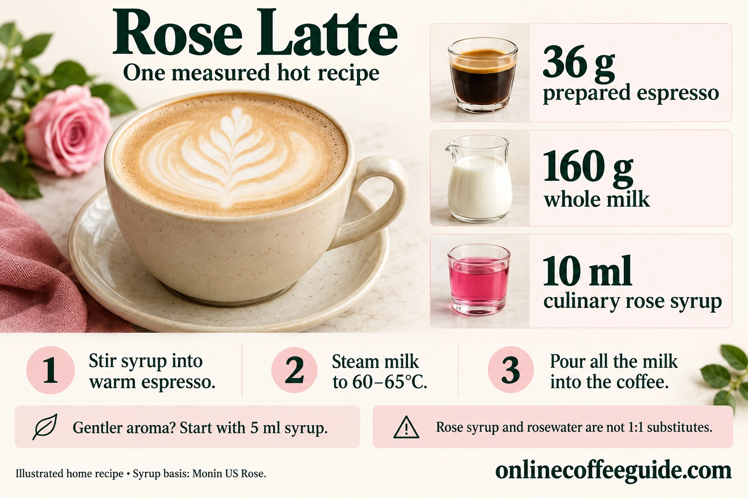 Rose latte recipe: 36 g espresso, 160 g whole milk and 10 ml culinary rose syrup; stir syrup into espresso, steam milk and pour