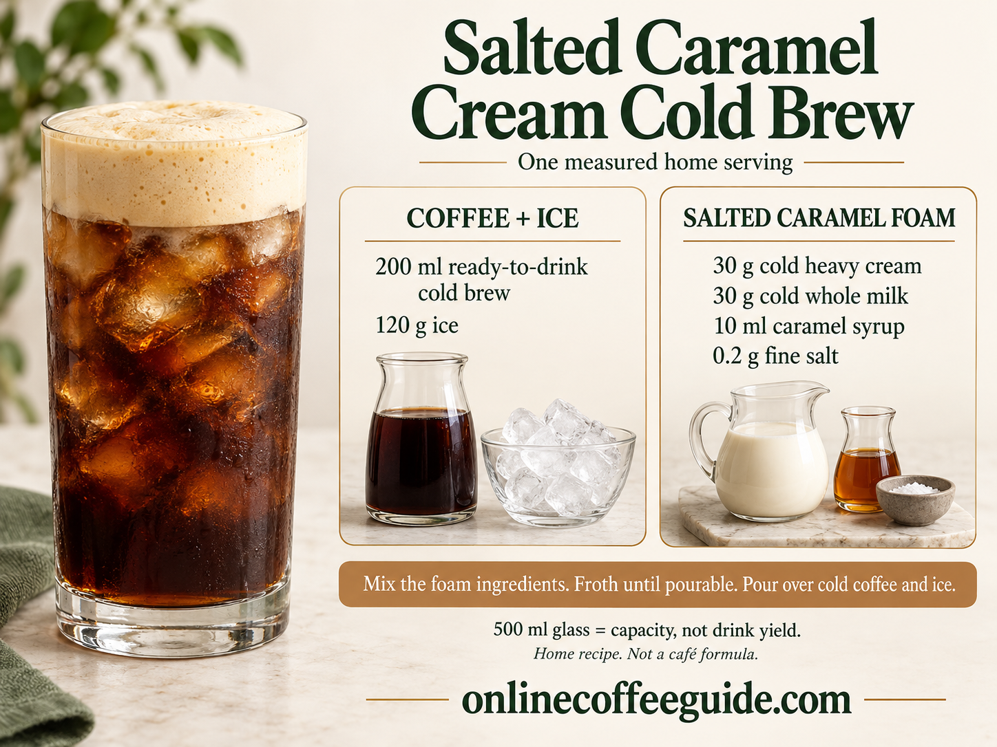 One salted caramel cream cold brew: 200 ml ready-to-drink cold brew, 120 g ice, 30 g cream, 30 g milk, 10 ml caramel syrup and 0.2 g salt