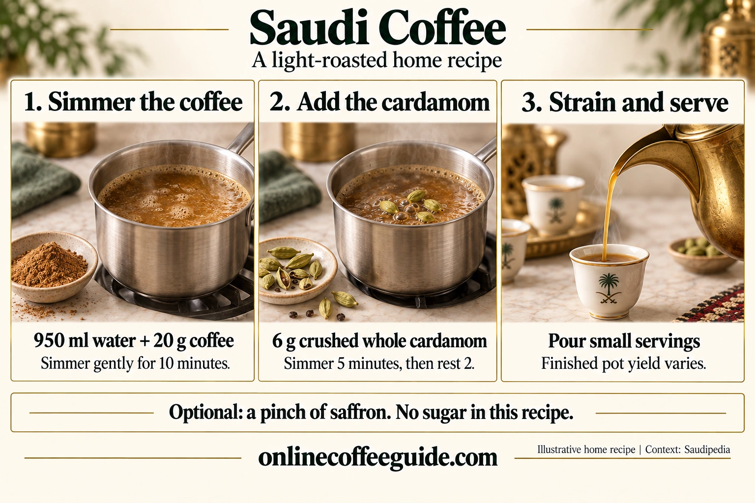 Saudi coffee home method: simmer 20 g roasted coffee in 950 ml water, add 6 g crushed whole cardamom, rest, strain and pour small servings