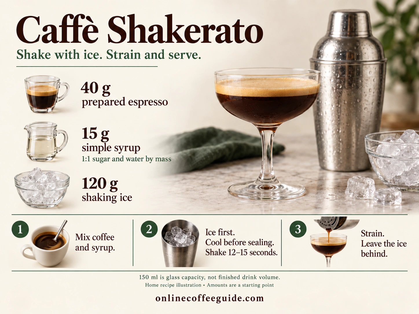 Shakerato home recipe: 40 g espresso, 15 g equal-mass syrup and 120 g shaking ice, strained without serving ice