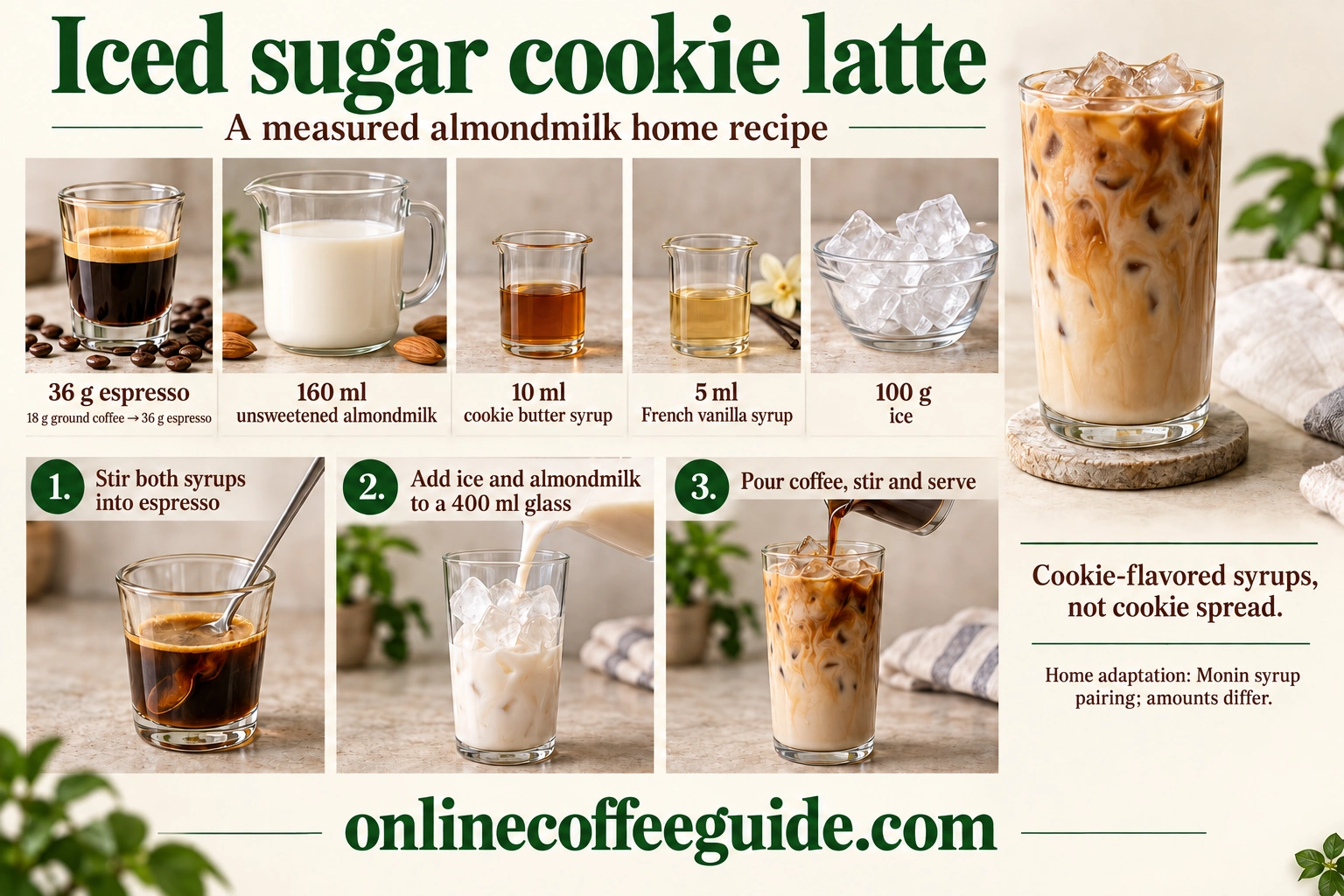 Iced sugar cookie latte ingredients: 36 g espresso, 160 ml unsweetened almondmilk, 10 ml cookie butter syrup, 5 ml French vanilla syrup and 100 g ice