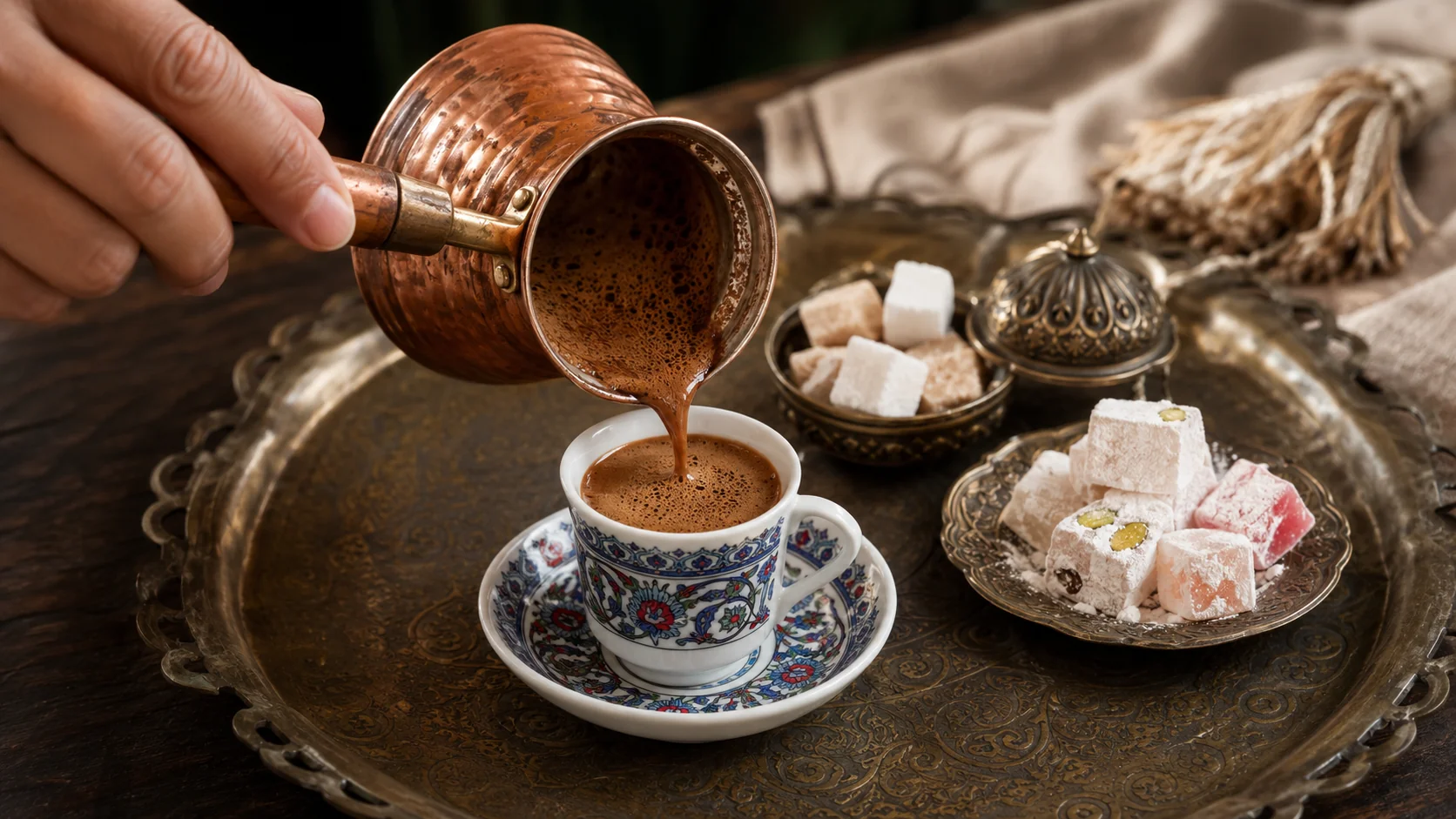 Foamy Turkish coffee being poured from a copper cezve into a patterned small cup