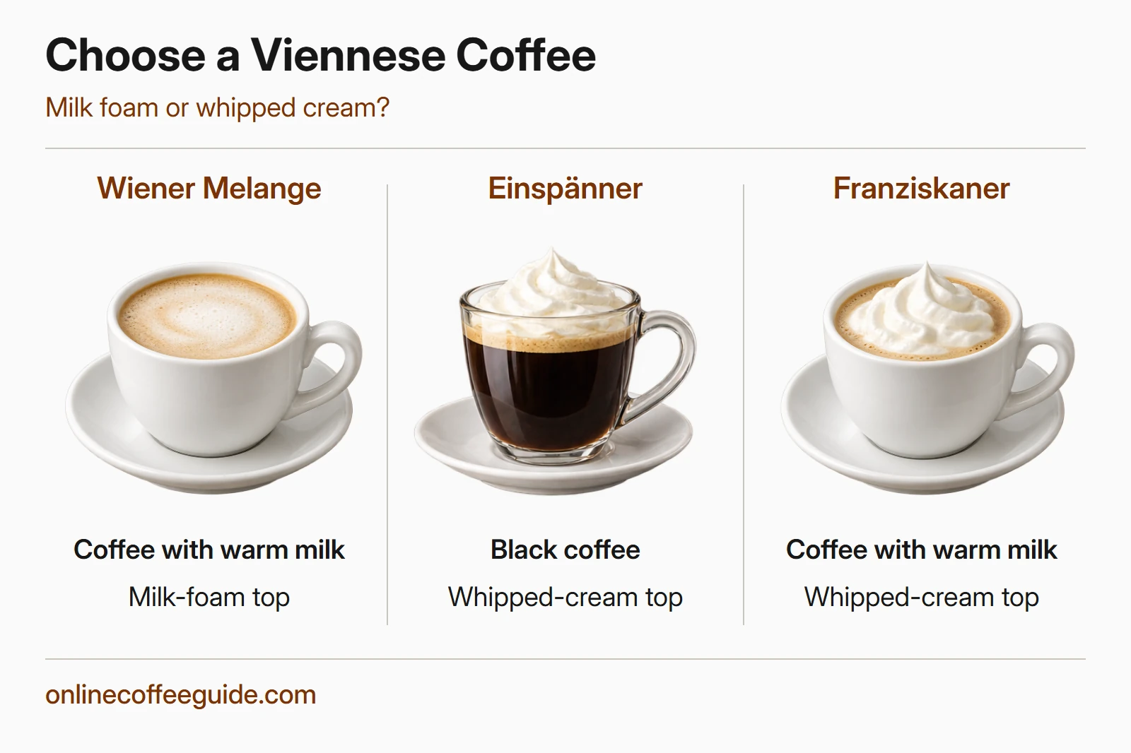 Melange with milk foam, Einspänner with black coffee and whipped cream, and Franziskaner with milk coffee and whipped cream.
