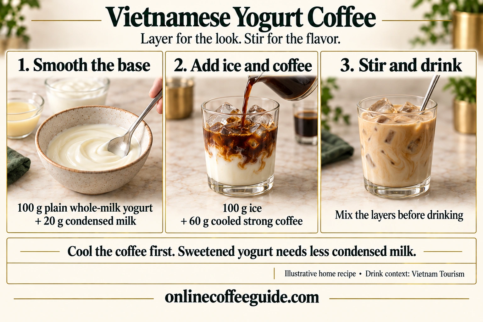 Yogurt coffee assembly: smooth 100 g yogurt with 20 g condensed milk, add 100 g ice and 60 g cooled coffee, then stir