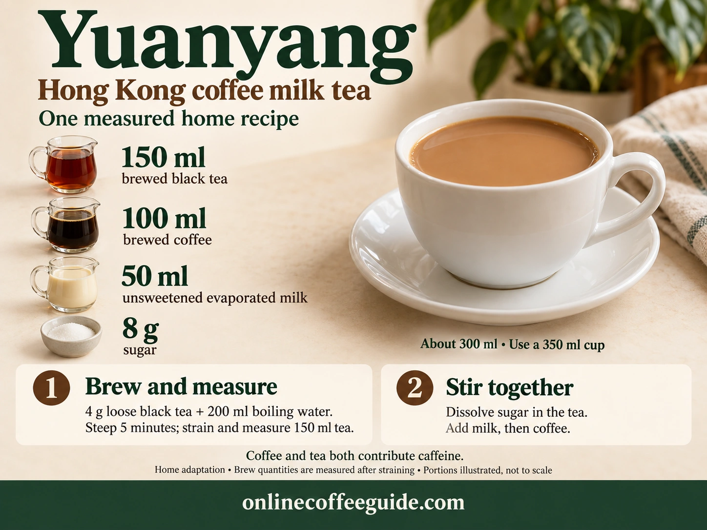 Yuanyang home recipe with 150 ml strained black tea, 100 ml brewed coffee, 50 ml evaporated milk and 8 g sugar