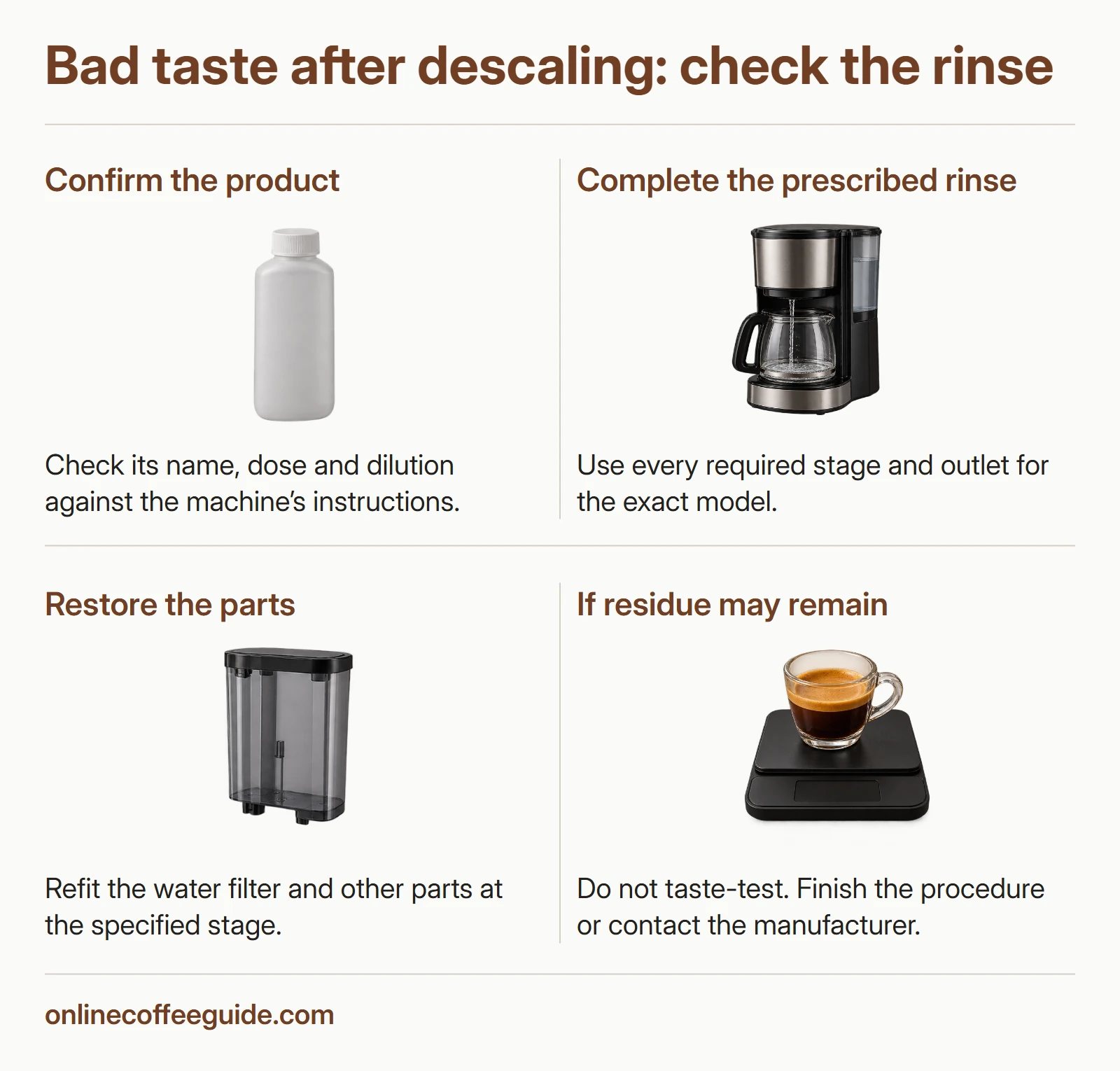 A sequence for checking the descaling product, completing rinsing and restoring the machine setup.